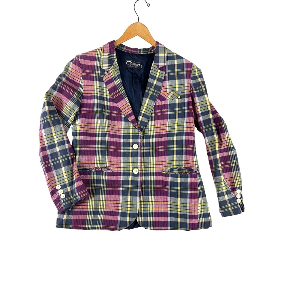 Chaus Womens Plaid Cotton Blazer 13/14  Jacket Yellow Navy Pink Academia Preppy